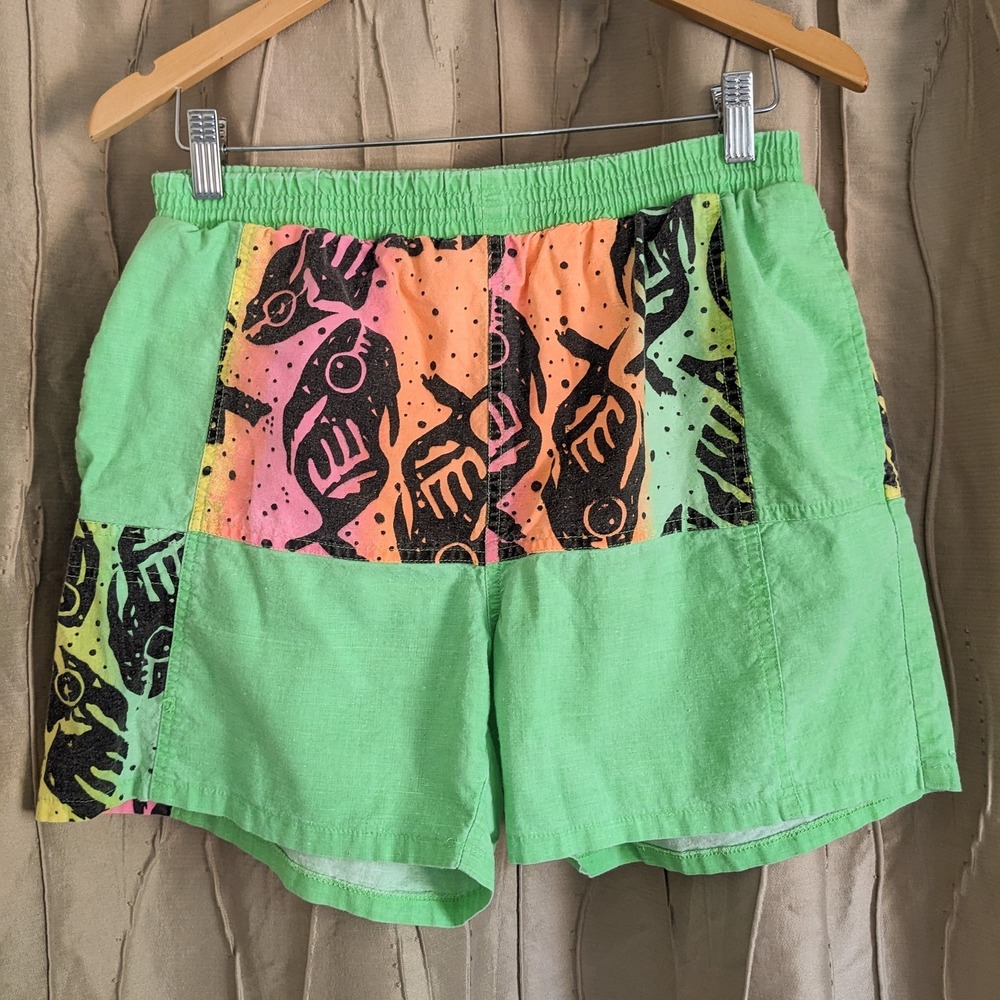 Vintage 80s 90s Neon Green Swim Trunks Mens M Cotton Colorblock Fish Shorts Surf